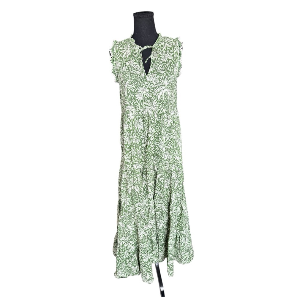 Vince Camuto Tropical Palm Midi Dress Green White Cotton Boho Resort Vacation S
